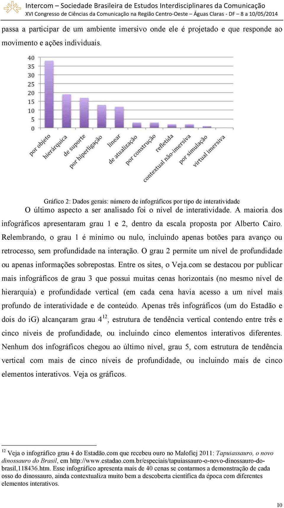 A maioria dos infográficos apresentaram grau 1 e 2, dentro da escala proposta por Alberto Cairo.
