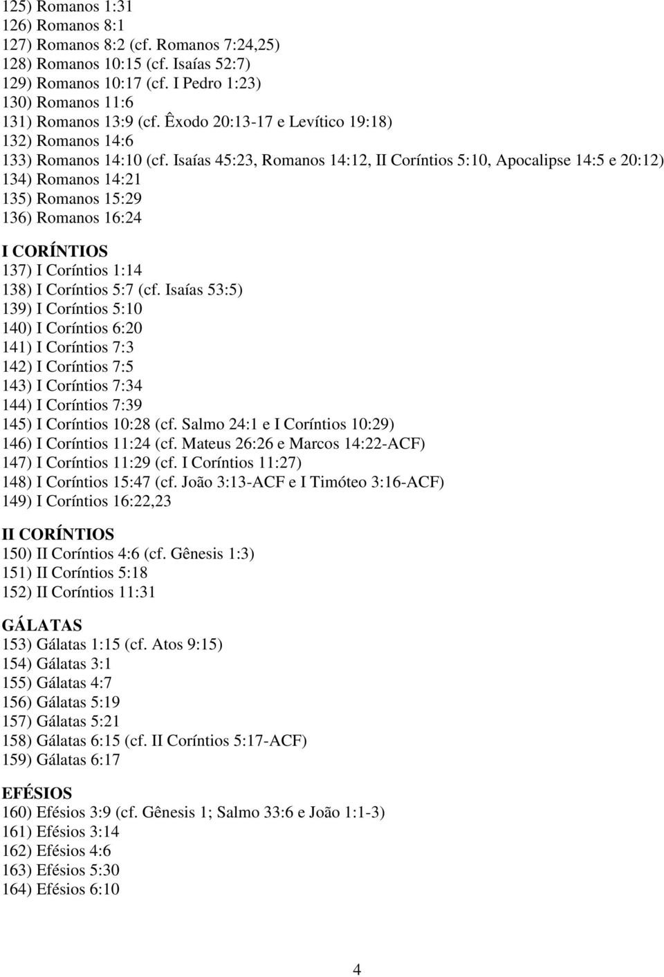 Isaías 45:23, Romanos 14:12, II Coríntios 5:10, Apocalipse 14:5 e 20:12) 134) Romanos 14:21 135) Romanos 15:29 136) Romanos 16:24 I CORÍNTIOS 137) I Coríntios 1:14 138) I Coríntios 5:7 (cf.