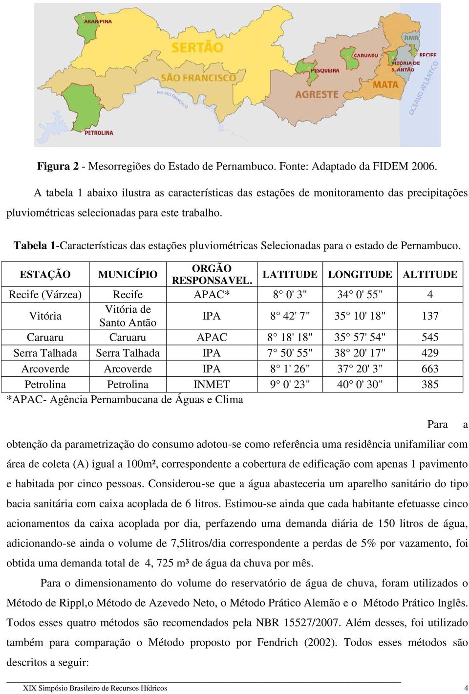 Tabela 1-Características das estações pluviométricas Selecionadas para o estado de Pernambuco. ESTAÇÃO MUNICÍPIO ORGÃO RESPONSAVEL.