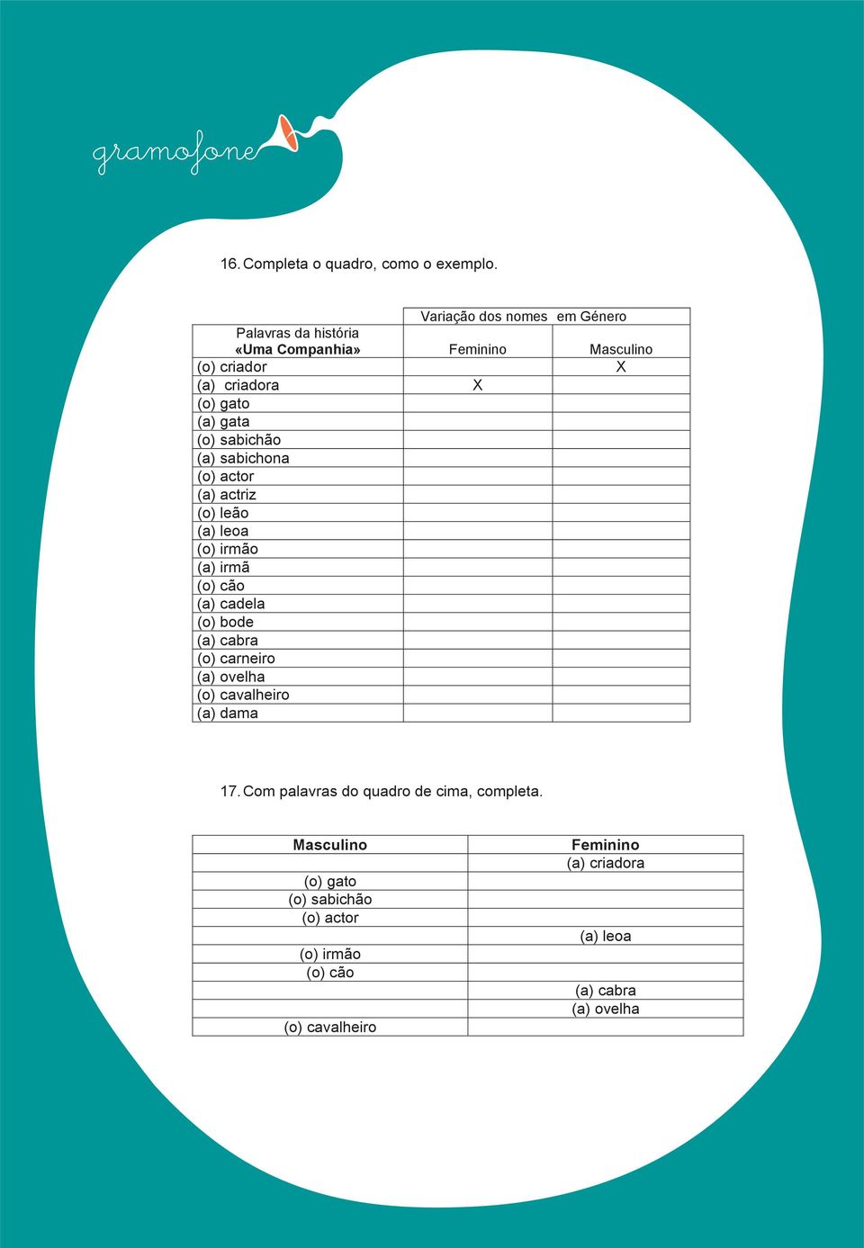 (a) sabichona (o) actor (a) actriz (o) leão (a) leoa (o) irmão (a) irmã (o) cão (a) cadela (o) bode (a) cabra (o) carneiro