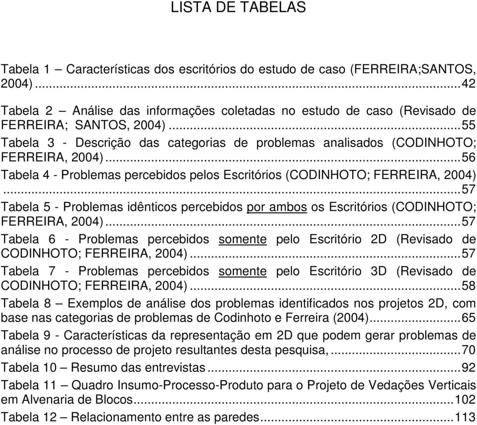 .. 56 Tabela 4 - Problemas percebidos pelos Escritórios (CODINHOTO; FERREIRA, 2004)... 57 Tabela 5 - Problemas idênticos percebidos por ambos os Escritórios (CODINHOTO; FERREIRA, 2004).