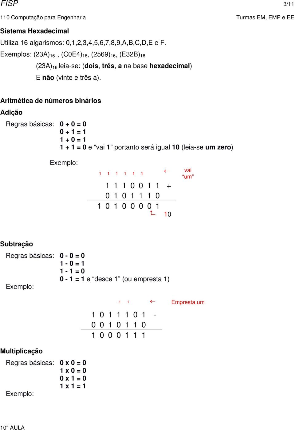 Aritmética de números binários Adição _ Regras básicas: 0 + 0 = 0 0 + 1 = 1 1 + 0 = 1 1 + 1 = 0 e vai 1 portanto será igual 10 (leia-se um zero) _ Exemplo: 1 1 1 1 1 1 1