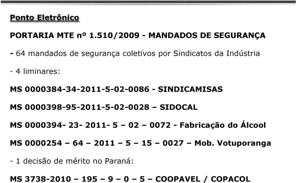 Indústria - 4 liminares: MS 0000384-34-2011-5-02-0086 - SINDICAMISAS MS