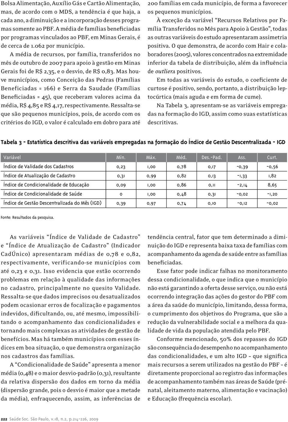 A média de recursos, por família, transferidos no mês de outubro de 2007 para apoio à gestão em Minas Gerais foi de R$ 2,35, e o desvio, de R$ 0,83.