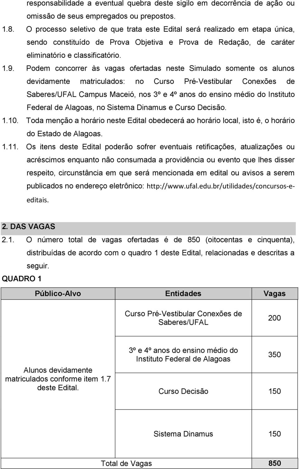 Podem concorrer às vagas ofertadas neste Simulado somente os alunos devidamente matriculados: no Curso Pré-Vestibular Conexões de Saberes/UFAL Campus Maceió, nos 3º e 4º anos do ensino médio do