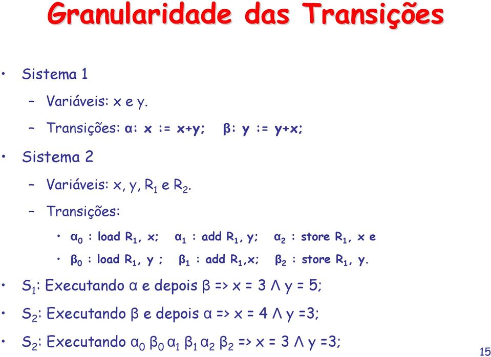 Transições: α 0 : load R 1, x; α 1 : add R 1, y; α 2 : store R 1, x e β 0 : load R 1, y ; β 1 : add R
