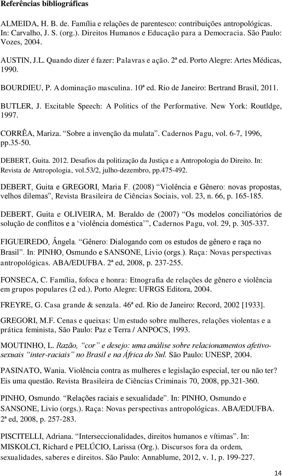 BUTLER, J. Excitable Speech: A Politics of the Performative. New York: Routldge, 1997. CORRÊA, Mariza. Sobre a invenção da mulata. Cadernos Pagu, vol. 6-7, 1996, pp.35-50. DEBERT, Guita. 2012.