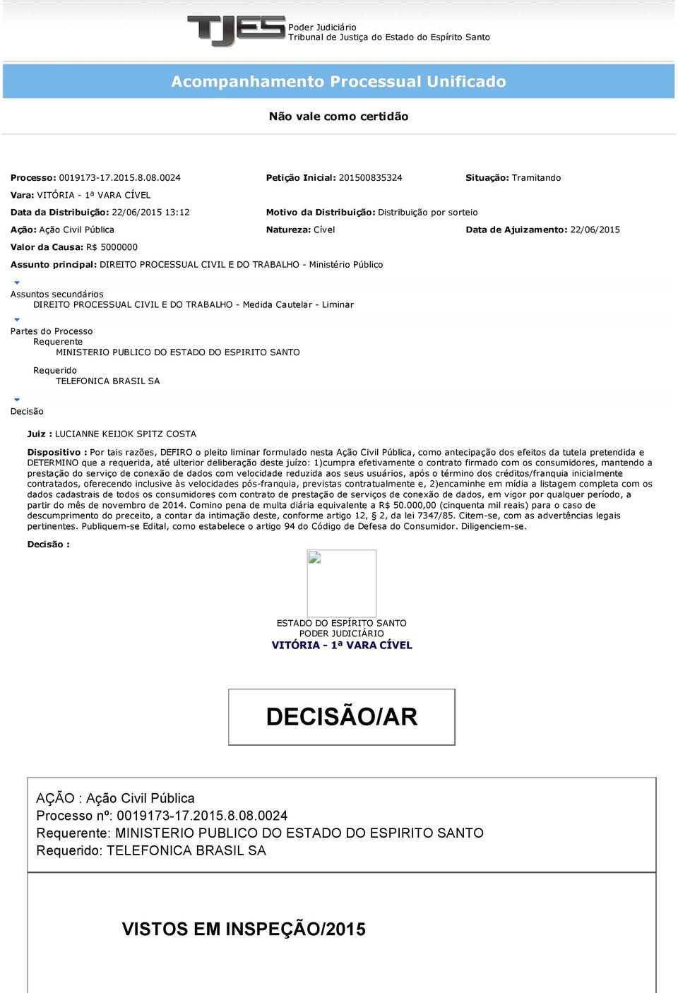 Natureza: Cível Data de Ajuizamento: 22/06/2015 Valor da Causa: R$ 5000000 Assunto principal: DIREITO PROCESSUAL CIVIL E DO TRABALHO Ministério Público Assuntos secundários DIREITO PROCESSUAL CIVIL E