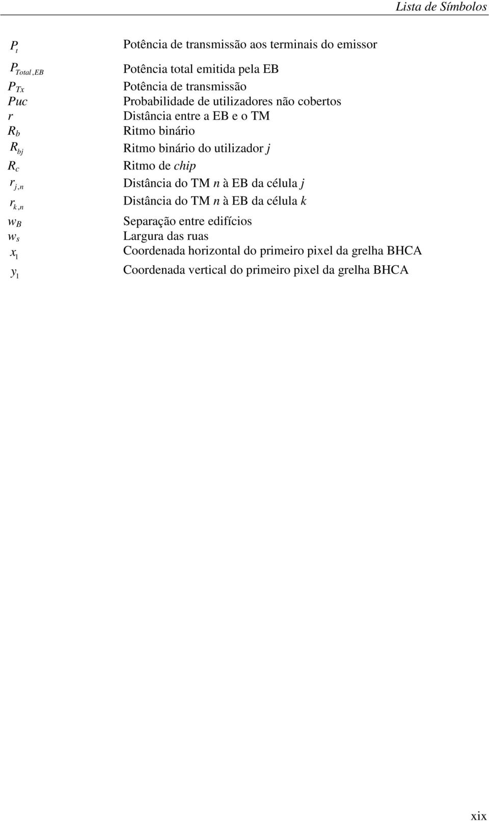 utilizador j R c Ritmo de chip r j, n Distância do TM n à EB da célula j r k, n Distância do TM n à EB da célula k w B Separação entre