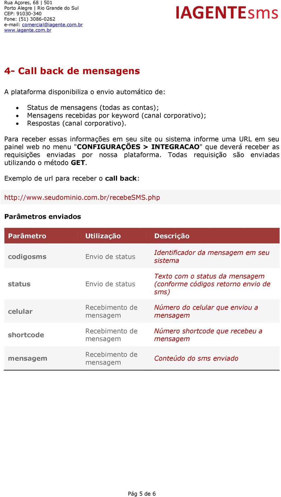 Todas requisição são enviadas utilizando o método GET. Exemplo de url para receber o call back: http://www.seudominio.com.br/recebesms.
