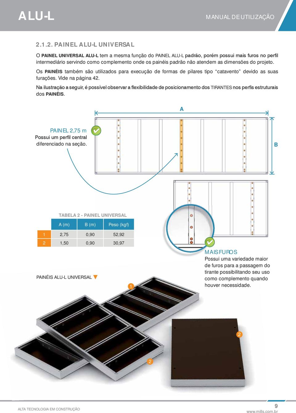 dimensões do projeto. Os PAINÉIS também são utilizados para execução de formas de pilares tipo catavento devido as suas furações. Vide na página 42. TIRANTES dos PAINÉIS.