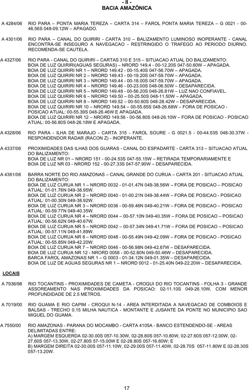RIO PARA - CANAL DO QUIRIRI CARTAS 310 E 315 SITUACAO ATUAL DO BALIZAMENTO: BOIA DE LUZ QUIRIRI(AGUAS SEGURAS) NRORD 149.4-00-12.20S 047-50.60W APAGADA. BOIA DE LUZ QUIRIRI NR 1 NRORD 149.42-00-15.