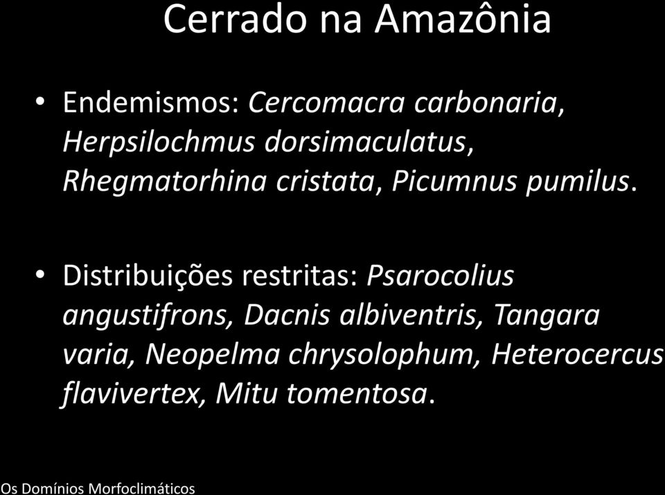 Distribuições restritas: Psarocolius angustifrons, Dacnis albiventris,