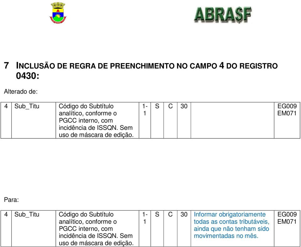 1-1 S C 30 EG009 EM071 Para: 4 Sub_Titu Código do Subtítulo  1-1 S C 30 Informar obrigatoriamente todas as contas