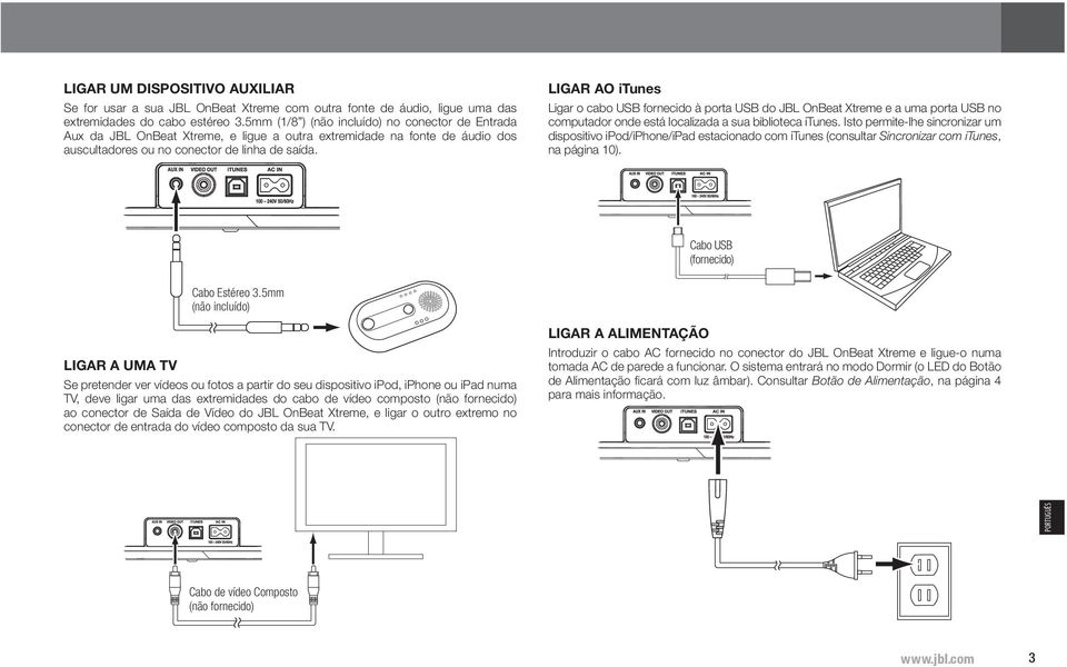 LIGAR AO itunes Ligar o cabo USB fornecido à porta USB do JBL OnBeat Xtreme e a uma porta USB no computador onde está localizada a sua biblioteca itunes.