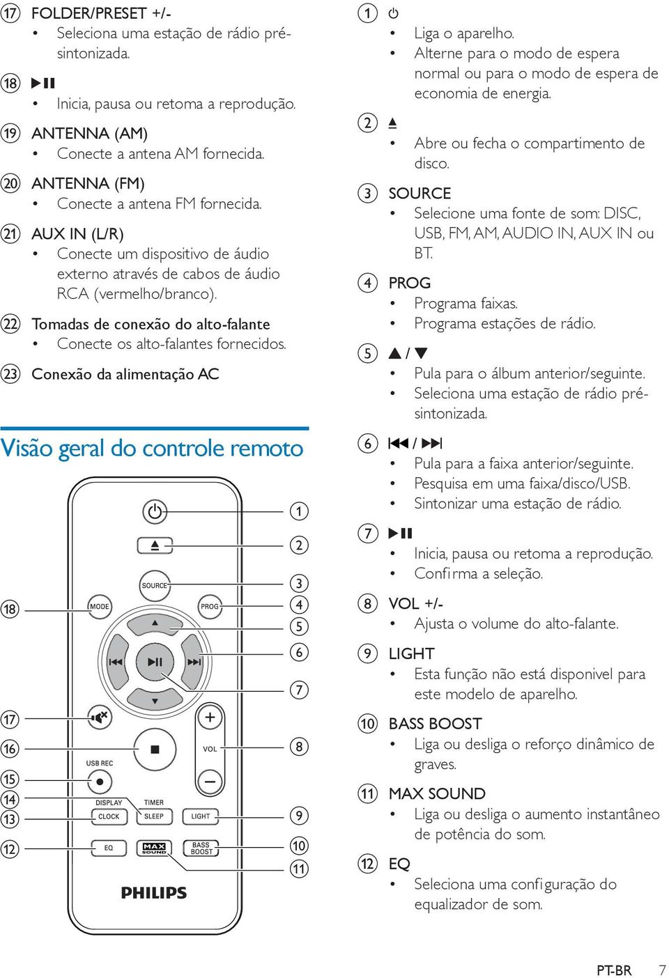 w Conexão da alimentação AC Visão geral do controle remoto r q p o n m l a b c d e f g h i j k a b Liga o aparelho.