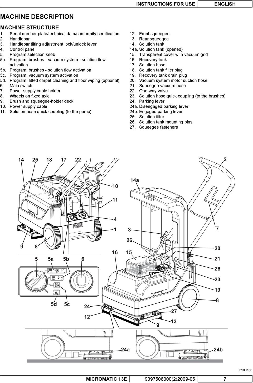 Program: fi tted carpet cleaning and fl oor wiping (optional) 6. Main switch 7. Power supply cable holder 8. Wheels on fi xed axle 9. Brush and squeegee-holder deck 10. Power supply cable 11.