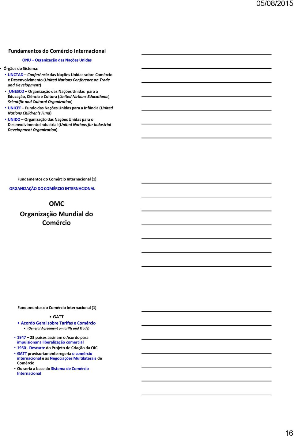 UNIDO Organização das Nações Unidas para o Desenvolvimento Industrial (United Nations for Industrial Development Organization) ORGANIZAÇÃO DO COMÉRCIO INTERNACIONAL OMC Organização Mundial do