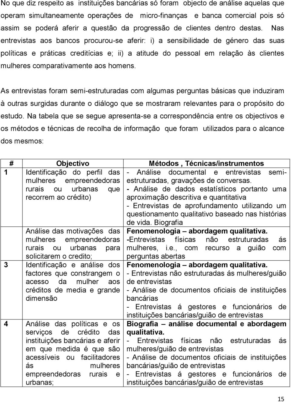 Nas entrevistas aos bancos procurou-se aferir: i) a sensibilidade de género das suas políticas e práticas creditícias e; ii) a atitude do pessoal em relação às clientes mulheres comparativamente aos