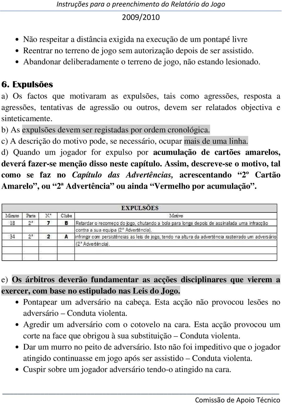 Expulsões a) Os factos que motivaram as expulsões, tais como agressões, resposta a agressões, tentativas de agressão ou outros, devem ser relatados objectiva e sinteticamente.