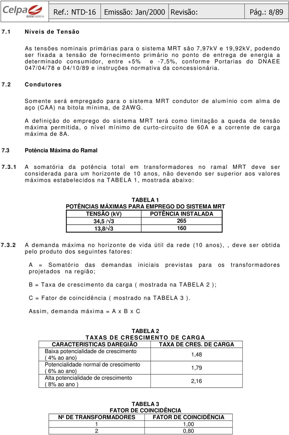 entre +5% e -7,5%, conforme Portarias do DNAEE 047/04/78 e 04/10/89 e instruções normativa da concessionária. 7.