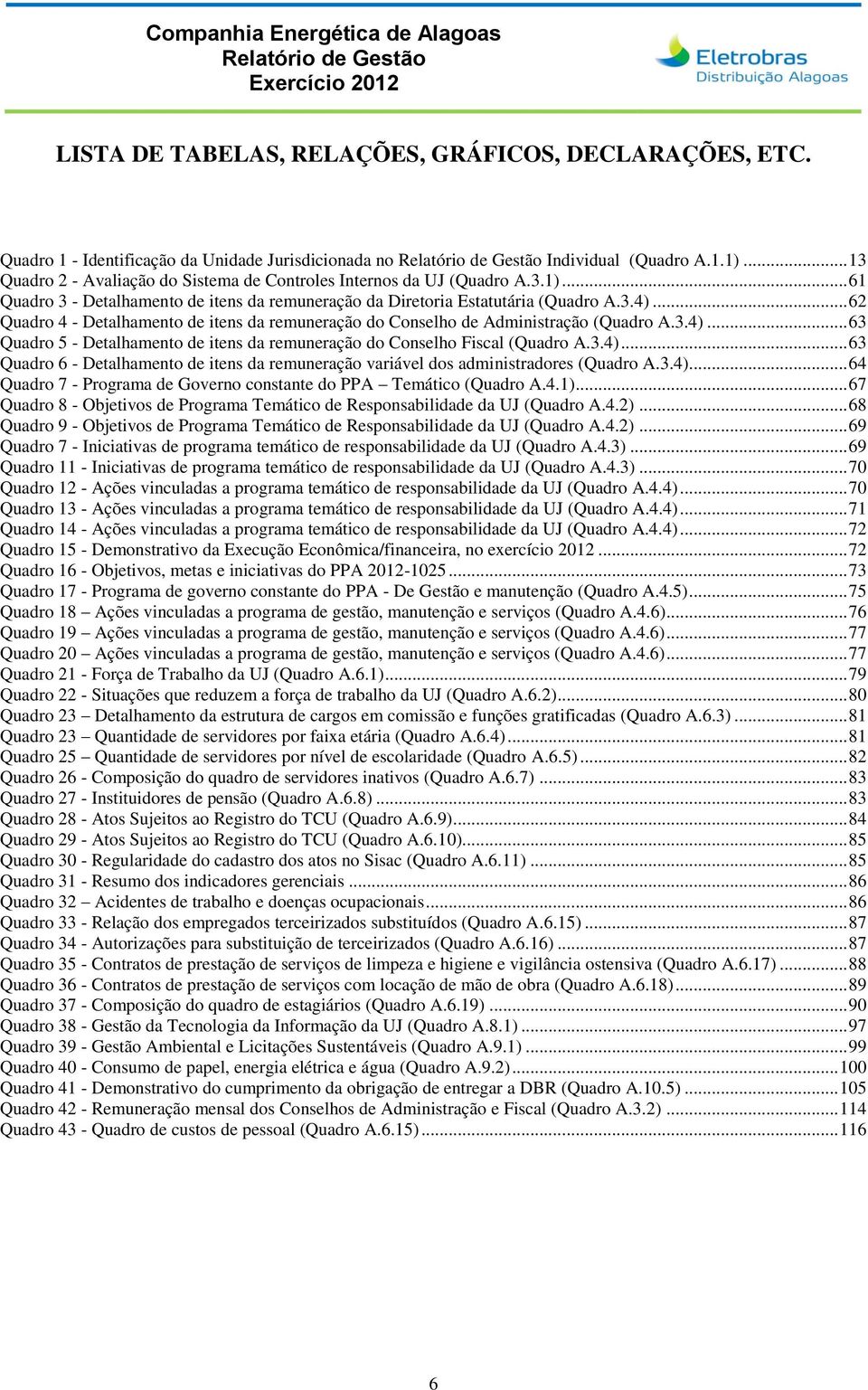 .. 62 Quadro 4 - Detalhamento de itens da remuneração do Conselho de Administração (Quadro A.3.4)... 63 Quadro 5 - Detalhamento de itens da remuneração do Conselho Fiscal (Quadro A.3.4)... 63 Quadro 6 - Detalhamento de itens da remuneração variável dos administradores (Quadro A.