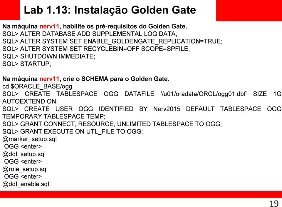 STARTUP; Na máquina nerv11, crie o SCHEMA para o Golden Gate. cd $ORACLE_BASE/ogg SQL> CREATE TABLESPACE OGG DATAFILE '/u01/oradata/orcl/ogg01.