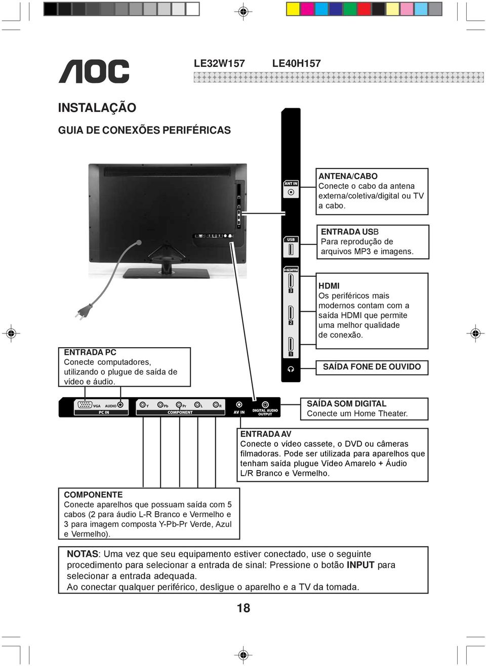 SAÍDA FONE DE OUVIDO SAÍDA SOM DIGITAL Conecte um Home Theater. ENTRADA AV Conecte o vídeo cassete, o DVD ou câmeras filmadoras.