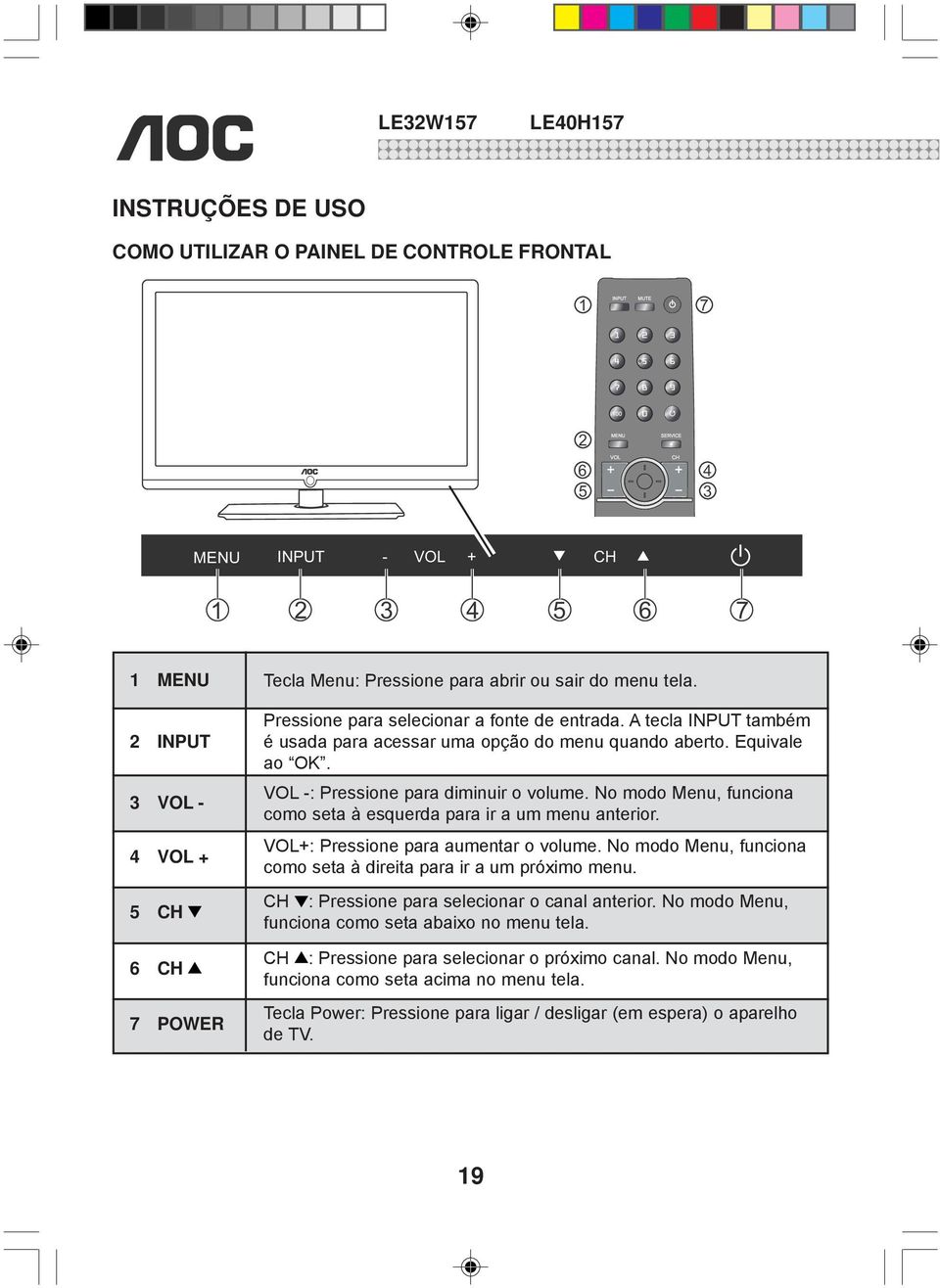 No modo Menu, funciona como seta à esquerda para ir a um menu anterior. VOL+: Pressione para aumentar o volume. No modo Menu, funciona como seta à direita para ir a um próximo menu.