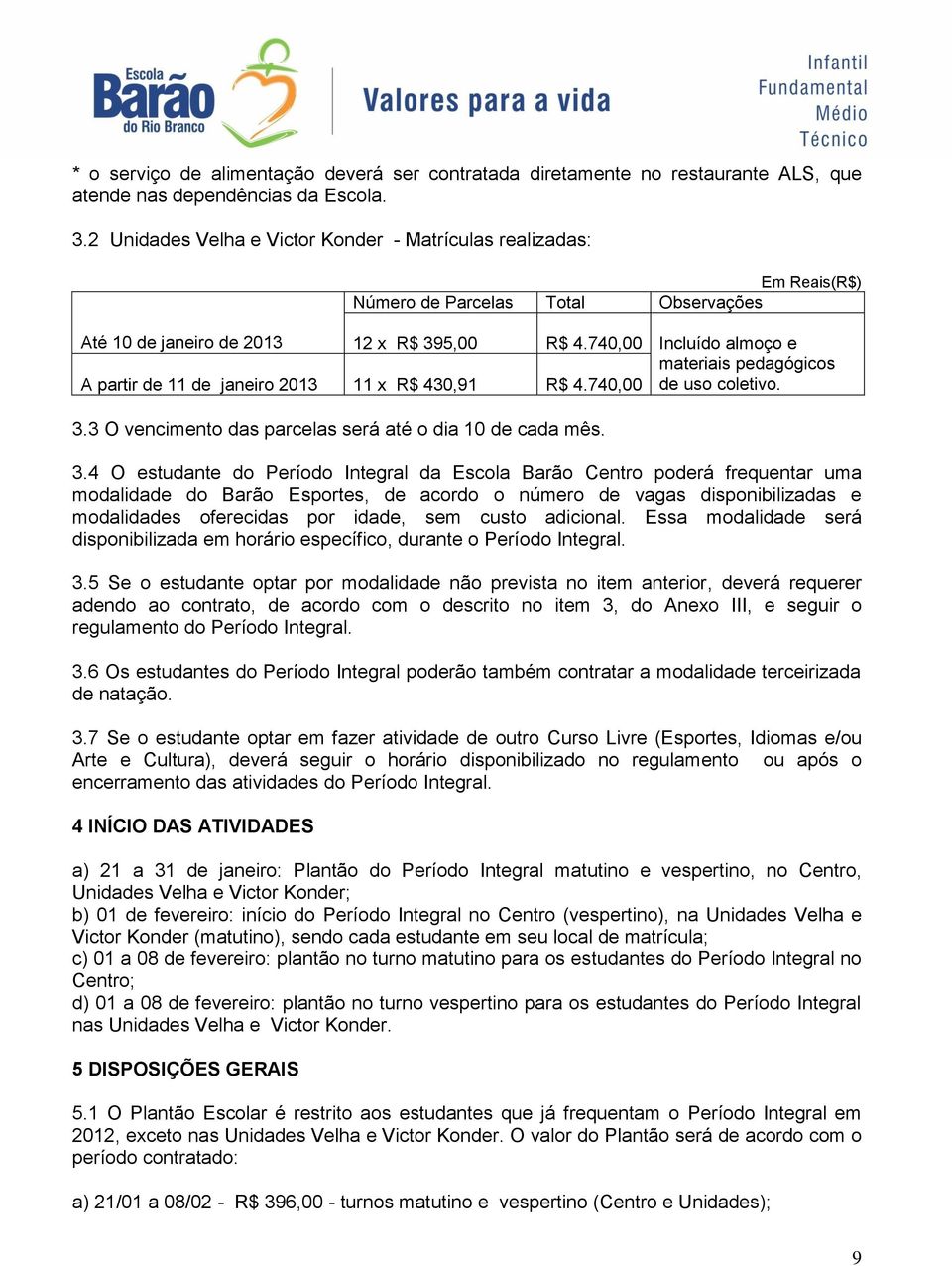 740,00 Incluído almoço e materiais pedagógicos A partir de 11 de janeiro 2013 11 x R$ 430,91 R$ 4.740,00 de uso coletivo. 3.