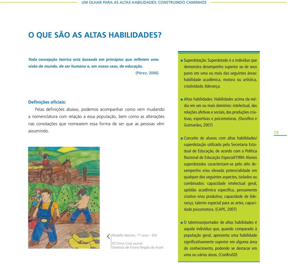 (Pérez, 2006) Superdotação: Superdotado é o indivíduo que demonstra desempenho superior ao de seus pares em uma ou mais das seguintes áreas: habilidade acadêmica, motora ou artística, criatividade,