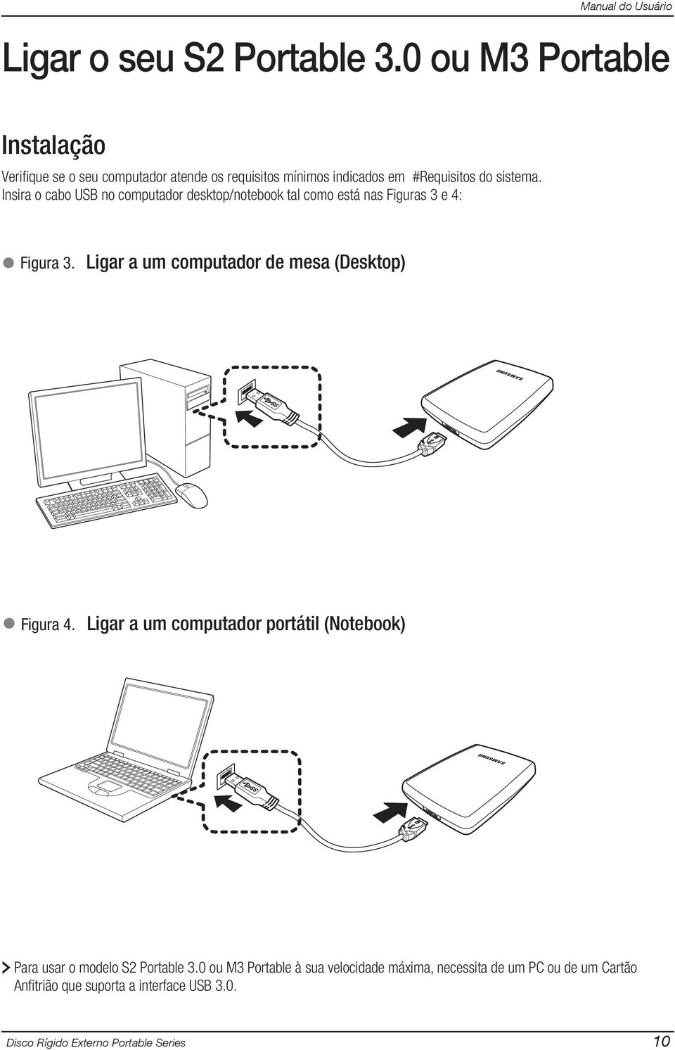 Insira o cabo USB no computador desktop/notebook tal como está nas Figuras 3 e 4: Figura 3.