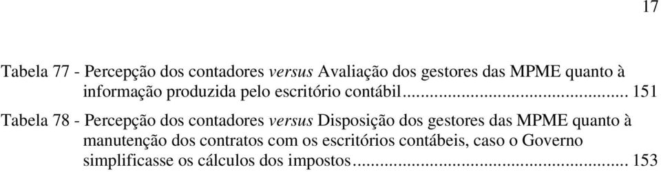 .. 151 Tabela 78 - Percepção dos contadores versus Disposição dos gestores das MPME