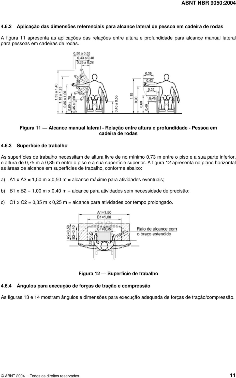 3 Superfície de trabalho As superfícies de trabalho necessitam de altura livre de no mínimo 0,73 m entre o piso e a sua parte inferior, e altura de 0,75 m a 0,85 m entre o piso e a sua superfície