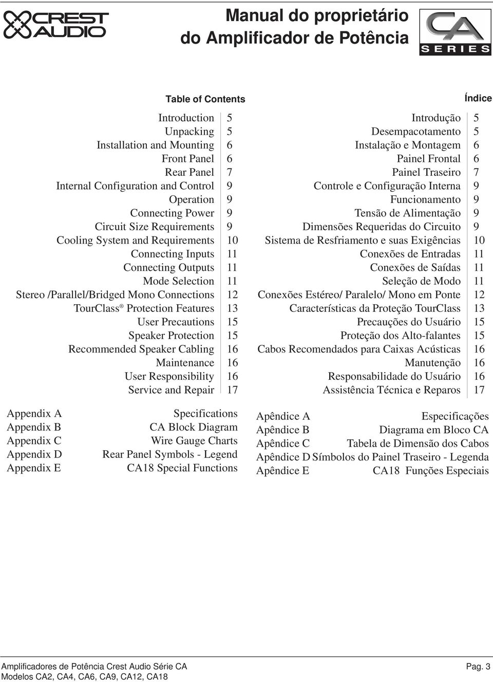 Precautions Speaker Protection Recommended Speaker Cabling Maintenance User Responsibility Service and Repair 5 5 6 6 7 9 9 9 9 10 11 11 11 12 13 15 15 16 16 16 17 Introdução Desempacotamento