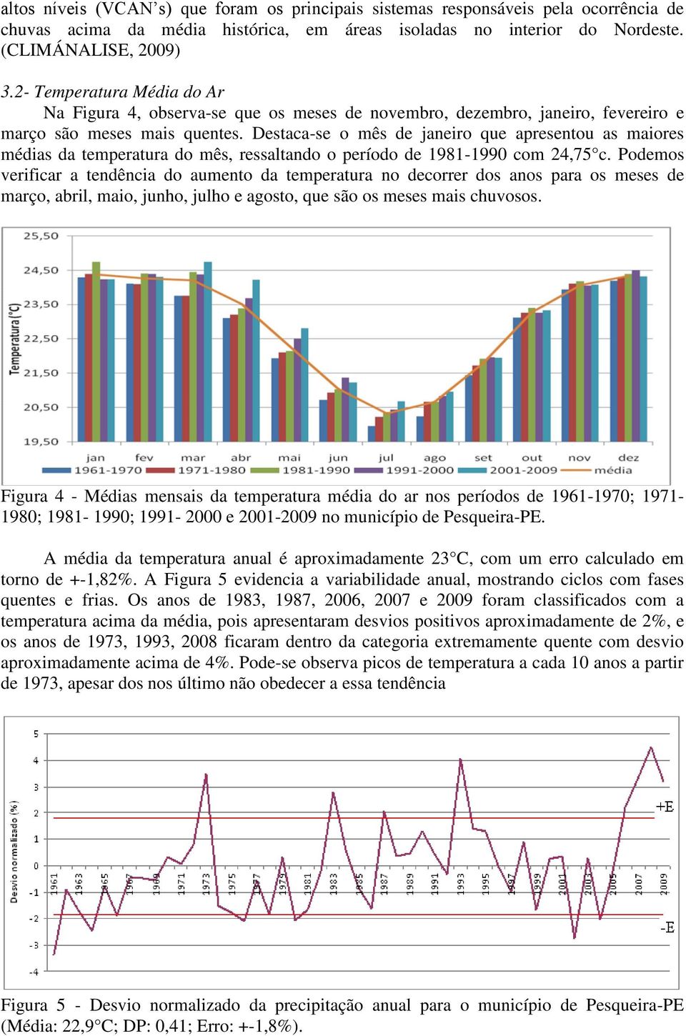 Destaca-se o mês de janeiro que apresentou as maiores médias da temperatura do mês, ressaltando o período de 1981-1990 com 24,75 c.