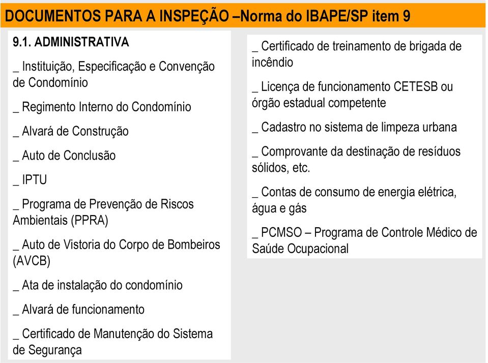 Riscos Ambientais (PPRA) _ Auto de Vistoria do Corpo de Bombeiros (AVCB) _ Ata de instalação do condomínio _ Alvará de funcionamento _ Certificado de Manutenção do Sistema de Segurança