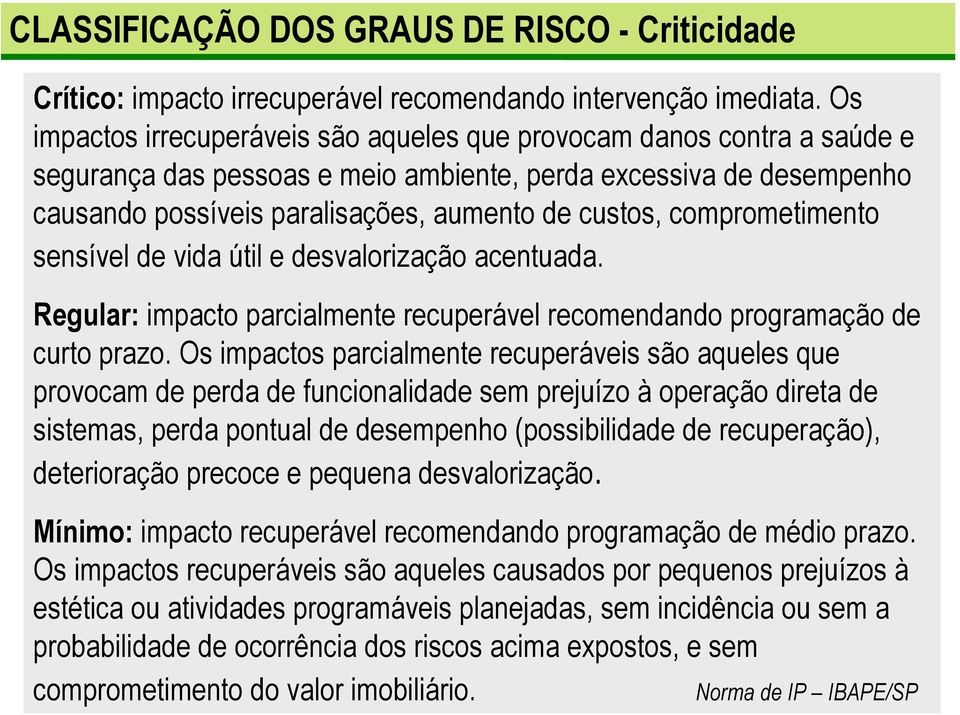 comprometimento sensível de vida útil e desvalorização acentuada. Regular: impacto parcialmente recuperável recomendando programação de curto prazo.