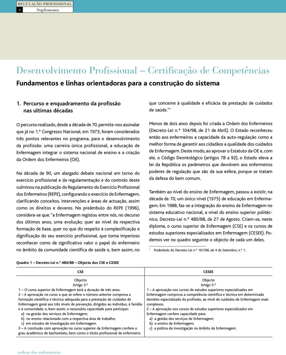 º Congresso Nacional, em 1973, foram considerados três pontos relevantes no programa, para o desenvolvimento da profissão: uma carreira única profissional, a educação de Enfermagem integrar o sistema