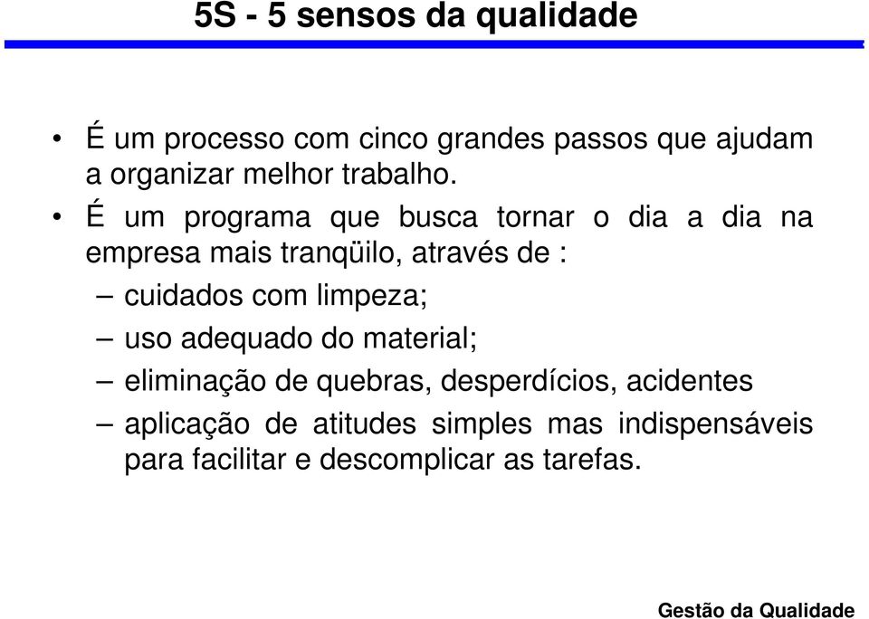 É um programa que busca tornar o dia a dia na empresa mais tranqüilo, através de : cuidados