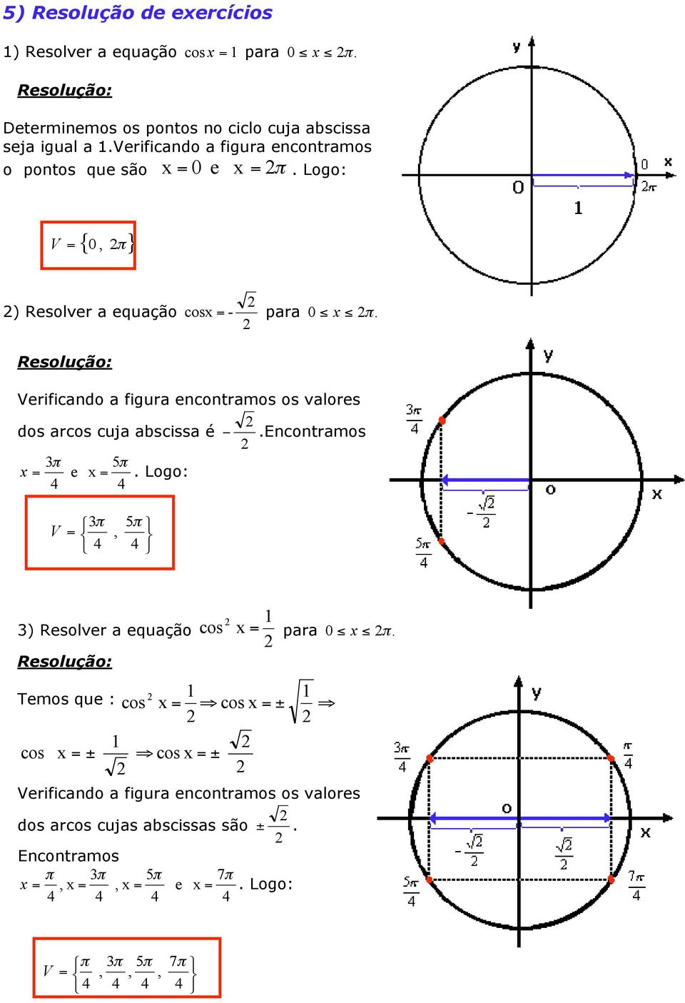 cuja abscissa é - Encontramos 5 x = e x = Logo: 4 4 Ï = Ì 5, Ó 4 4 ) Resolver a equação Temos que : cos x = cos x = ± fi cos x = ± cos x = ara 0 x fi