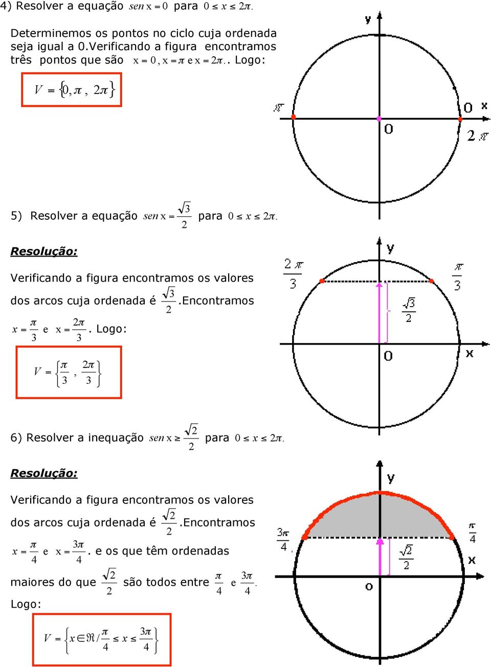 arcos cuja ordenada é Encontramos x = e x = Logo: Ï = Ì Ó, 6) Resolver a inequação sen x ara 0 x erificando a figura encontramos os