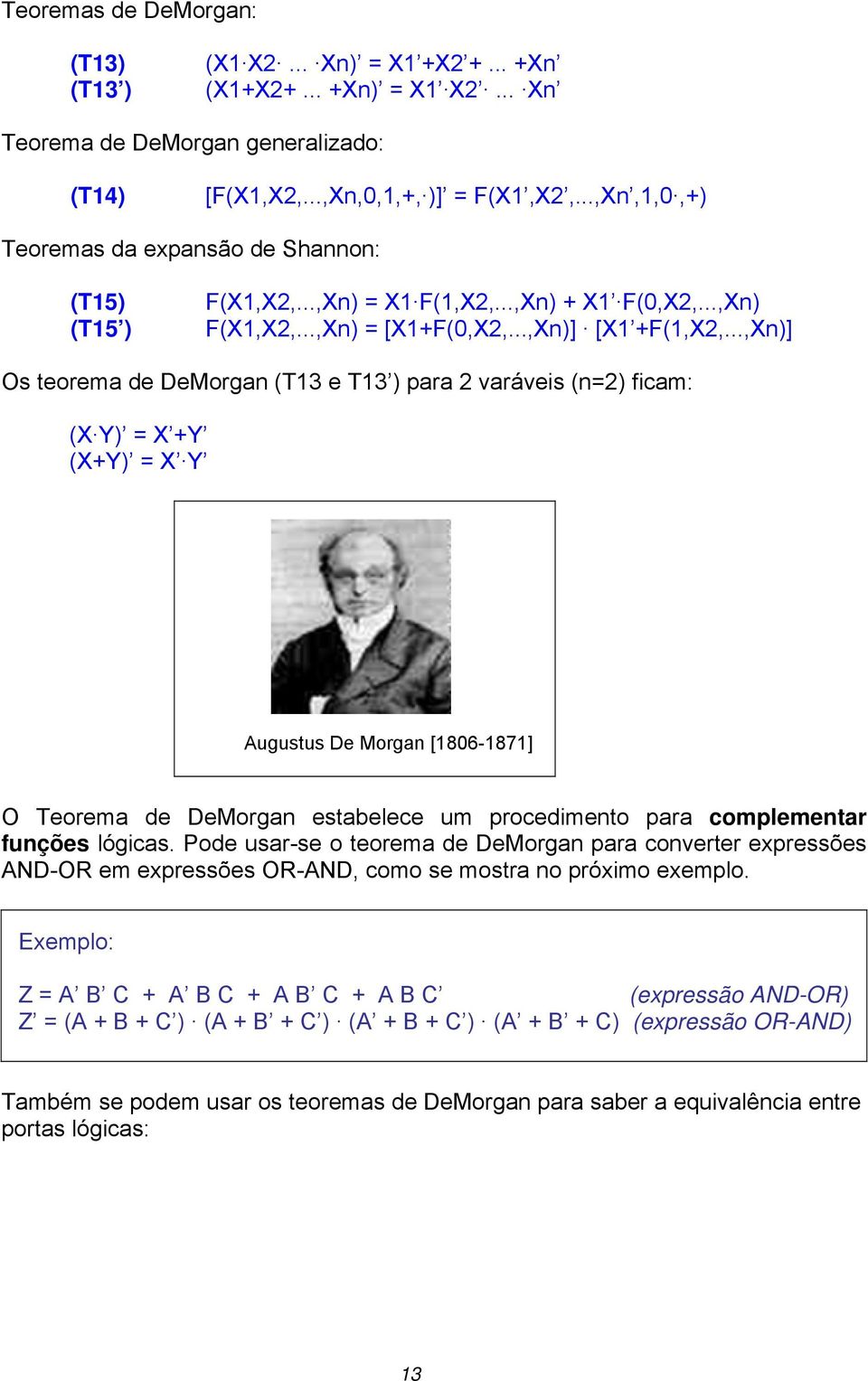 ..,Xn)] Os teorema de DeMorgan (T13 e T13 ) para 2 varáveis (n=2) ficam: (X Y) = X +Y (X+Y) = X Y Augustus De Morgan [1806-1871] O Teorema de DeMorgan estabelece um procedimento para complementar