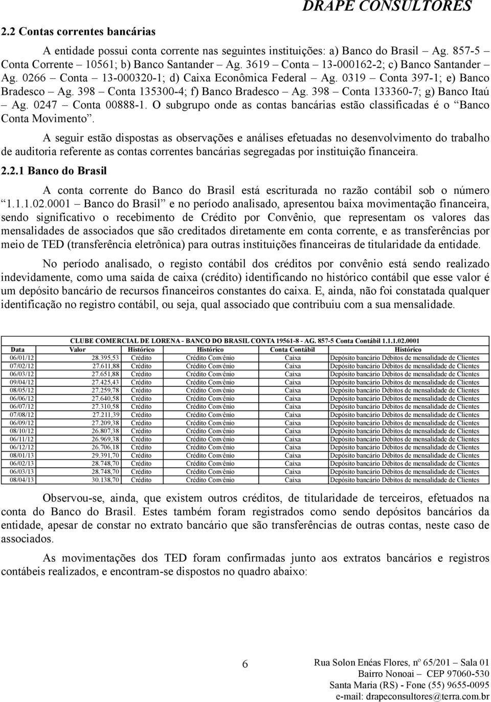 398 Conta 133360-7; g) Banco Itaú Ag. 0247 Conta 00888-1. O subgrupo onde as contas bancárias estão classificadas é o Banco Conta Movimento.