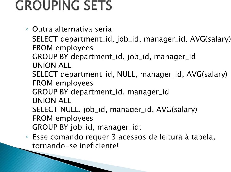 AVG(salary) GROUP BY department_id, manager_id UNION ALL SELECT NULL, job_id, manager_id,