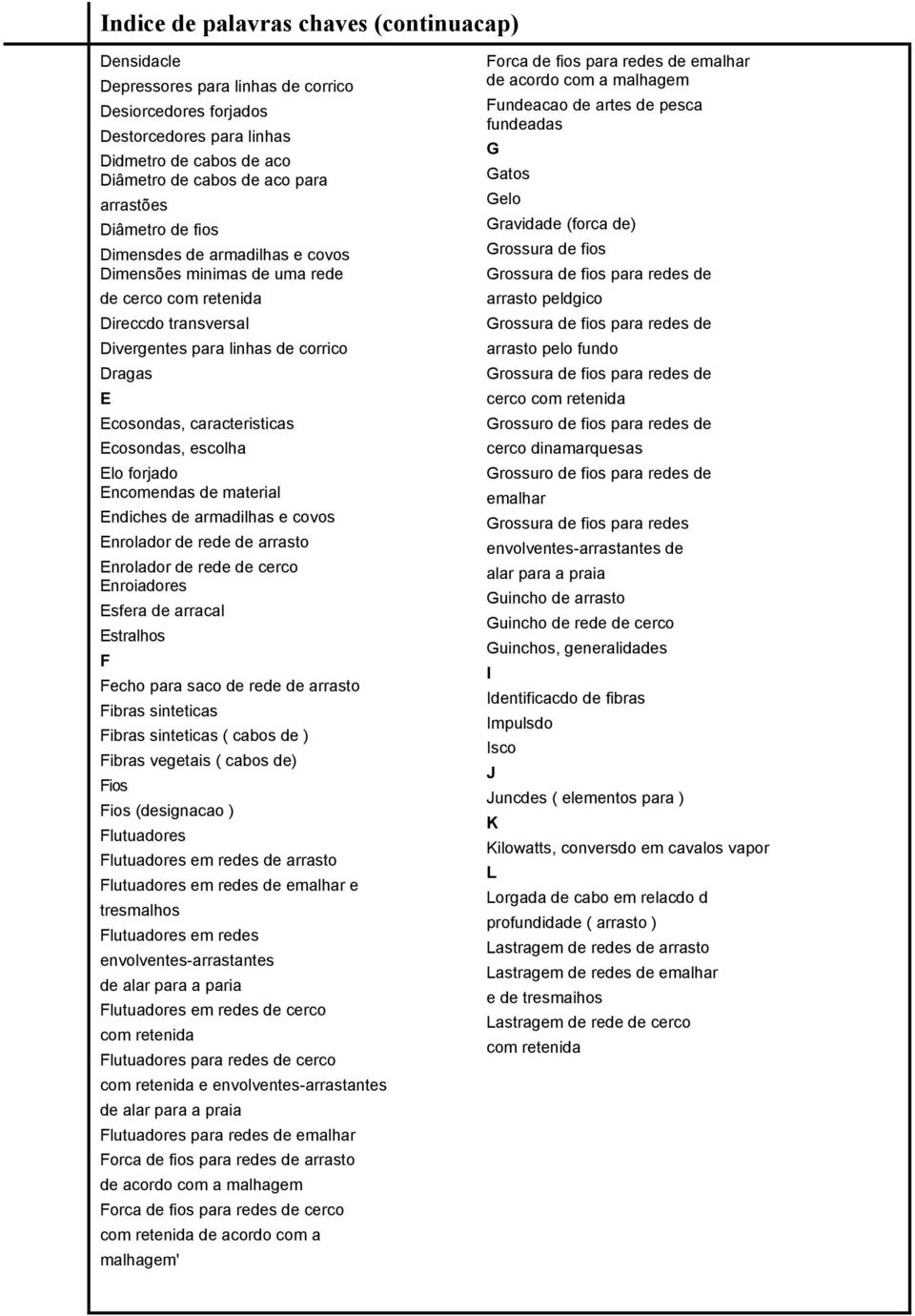 Elo forjado Encomendas de material Endiches de armadilhas e covos Enrolador de rede de arrasto Enrolador de rede de cerco Enroiadores Esfera de arracal Estralhos F Fecho para saco de rede de arrasto