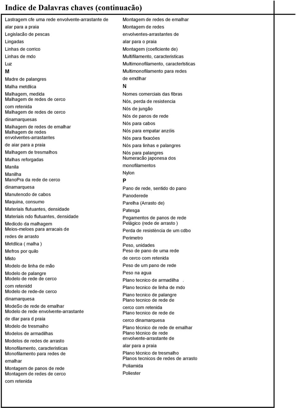 Manila Manilha ManoPra da rede de cerco Manutencdo de cabos Maquina, consumo Materiais flutuantes, densidade Materiais ndo flutuantes, densidade Medicdo da malhagem Meios-meloes para arracais de