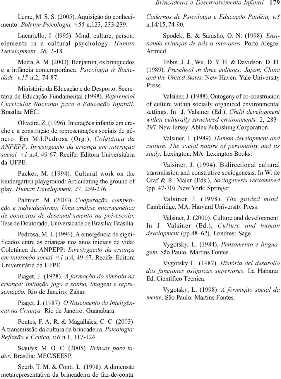 Ministério da Educação e do Desporto, Secretaria de Educação Fundamental (1998). Referencial Curricular Nacional para a Educação Infantil. Brasília: MEC. Oliveira, Z. (1996).