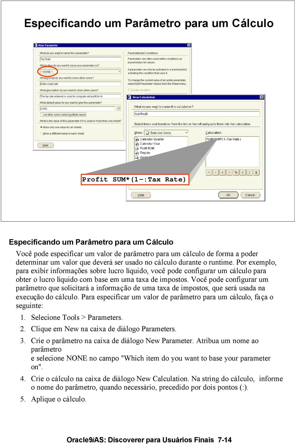 Por exemplo, para exibir informações sobre lucro líquido, você pode configurar um cálculo para obter o lucro líquido com base em uma taxa de impostos.