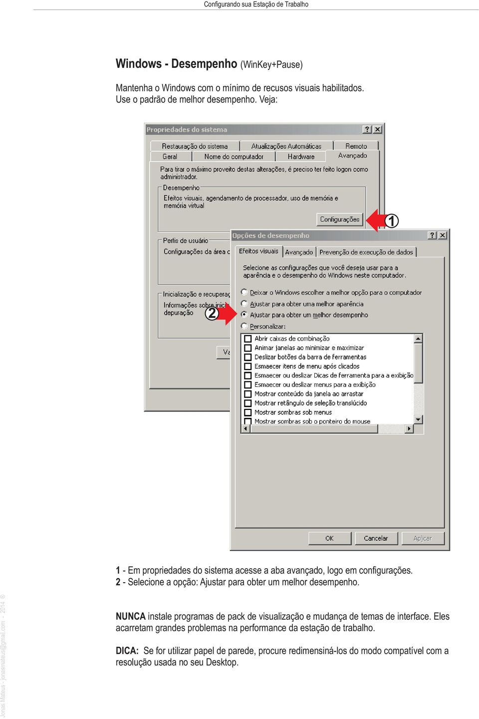 2 - Selecione a opção: Ajustar para obter um melhor desempenho. NUNCA instale programas de pack de visualização e mudança de temas de interface.